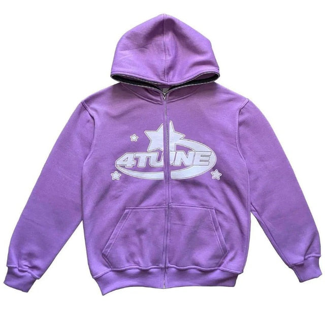Star Print Zip-Up Hoodie – Casual Streetwear Sweatshirt