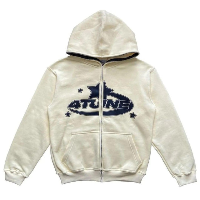 Star Print Zip-Up Hoodie – Casual Streetwear Sweatshirt