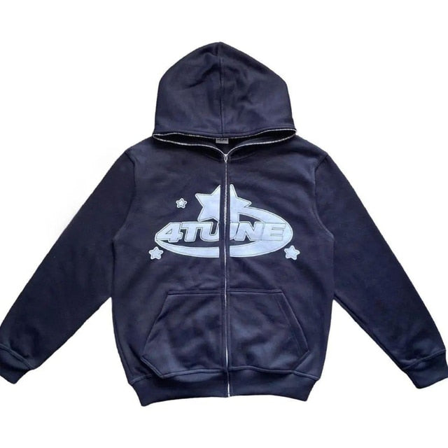 Star Print Zip-Up Hoodie – Casual Streetwear Sweatshirt