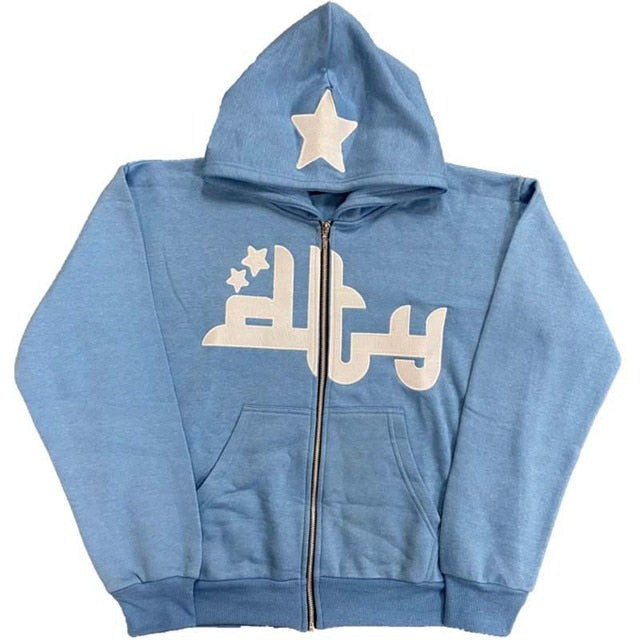 Star Print Zip-Up Hoodie – Casual Streetwear Sweatshirt