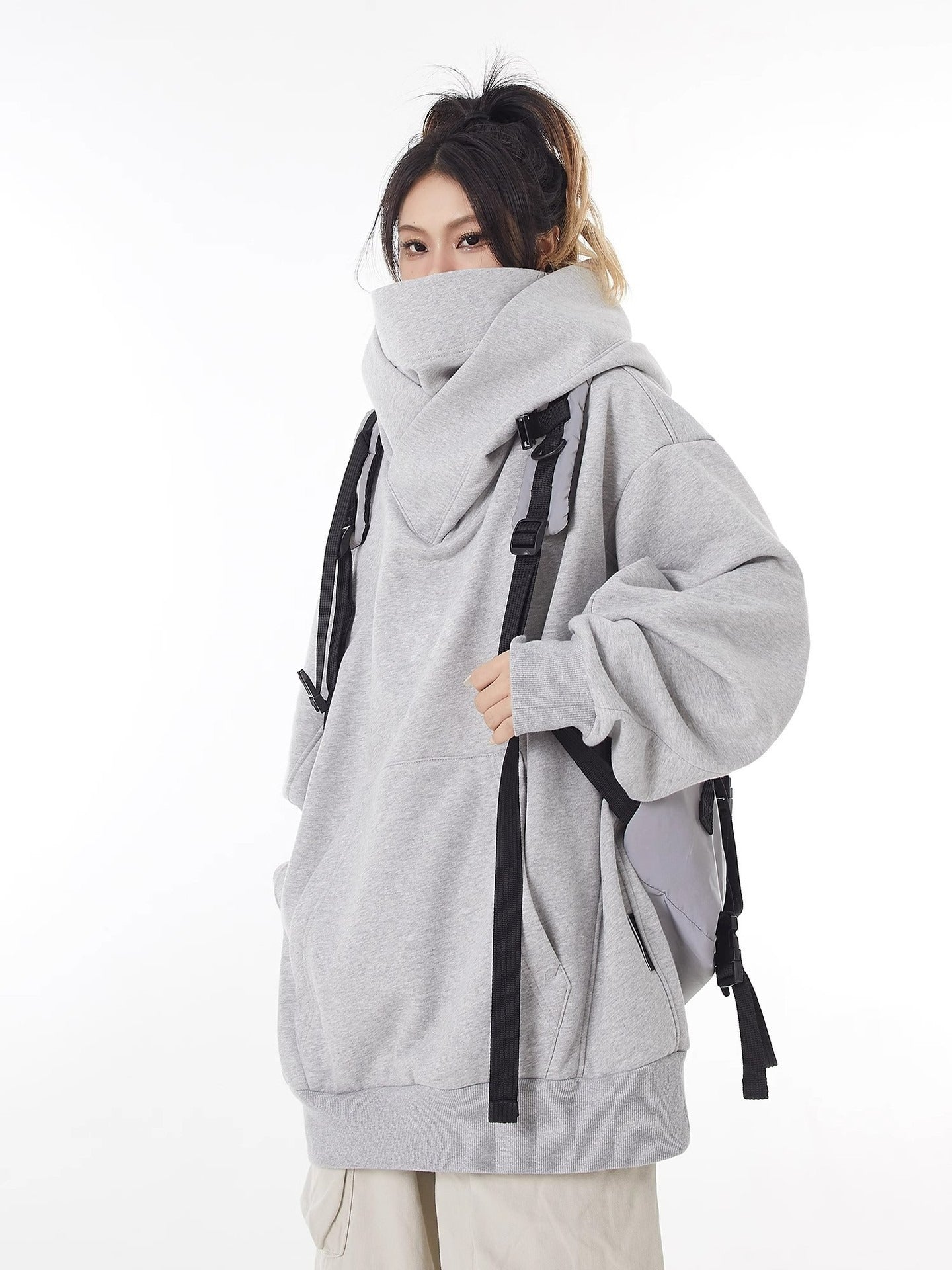 Fleece-Lined High Collar Hoodie – Warm Oversized Fit