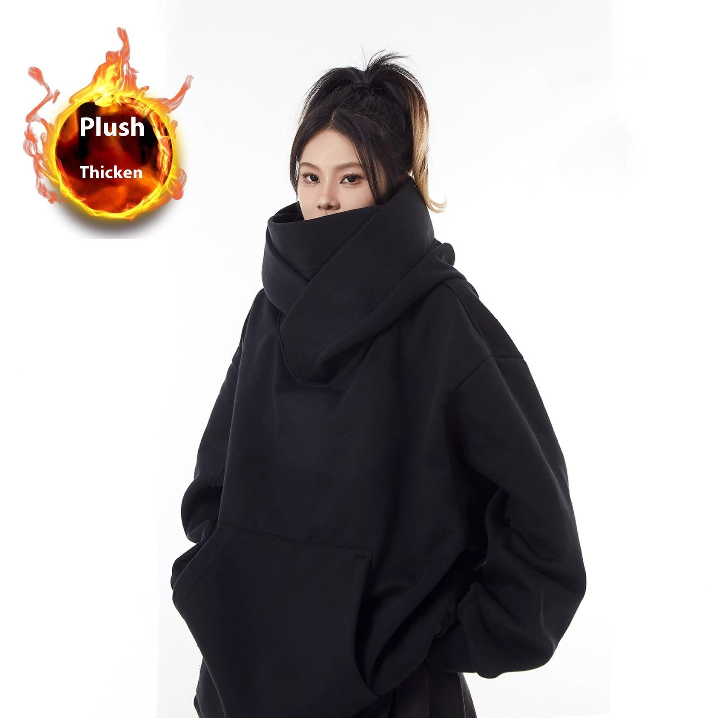 Fleece-Lined High Collar Hoodie – Warm Oversized Fit