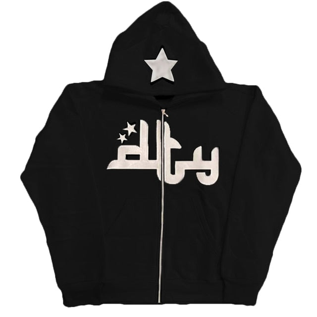 Star Print Zip-Up Hoodie – Casual Streetwear Sweatshirt