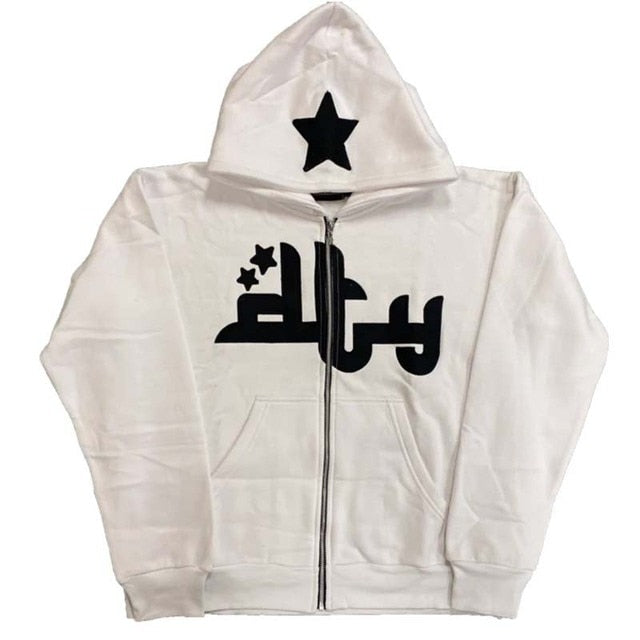 Star Print Zip-Up Hoodie – Casual Streetwear Sweatshirt