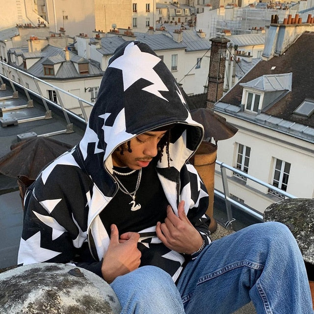 Star Print Zip-Up Hoodie – Casual Streetwear Sweatshirt