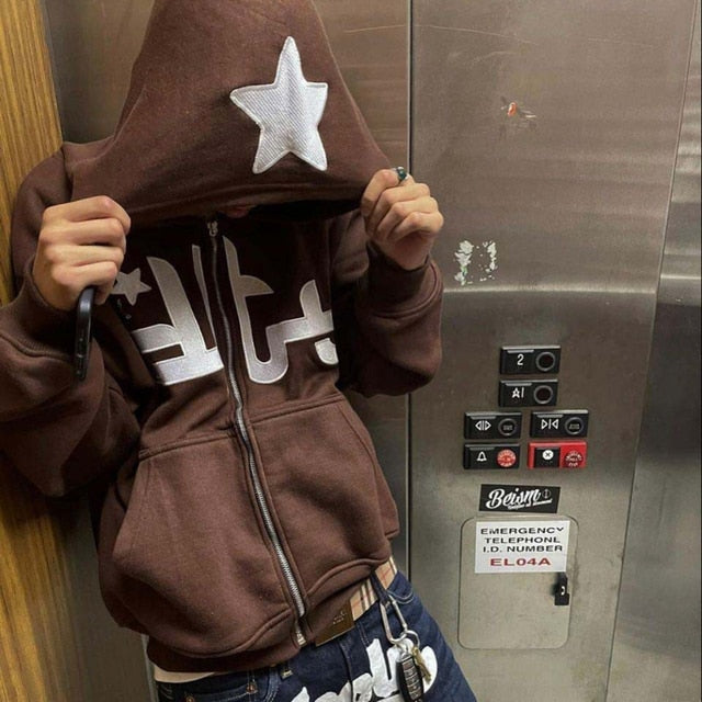 Star Print Zip-Up Hoodie – Casual Streetwear Sweatshirt