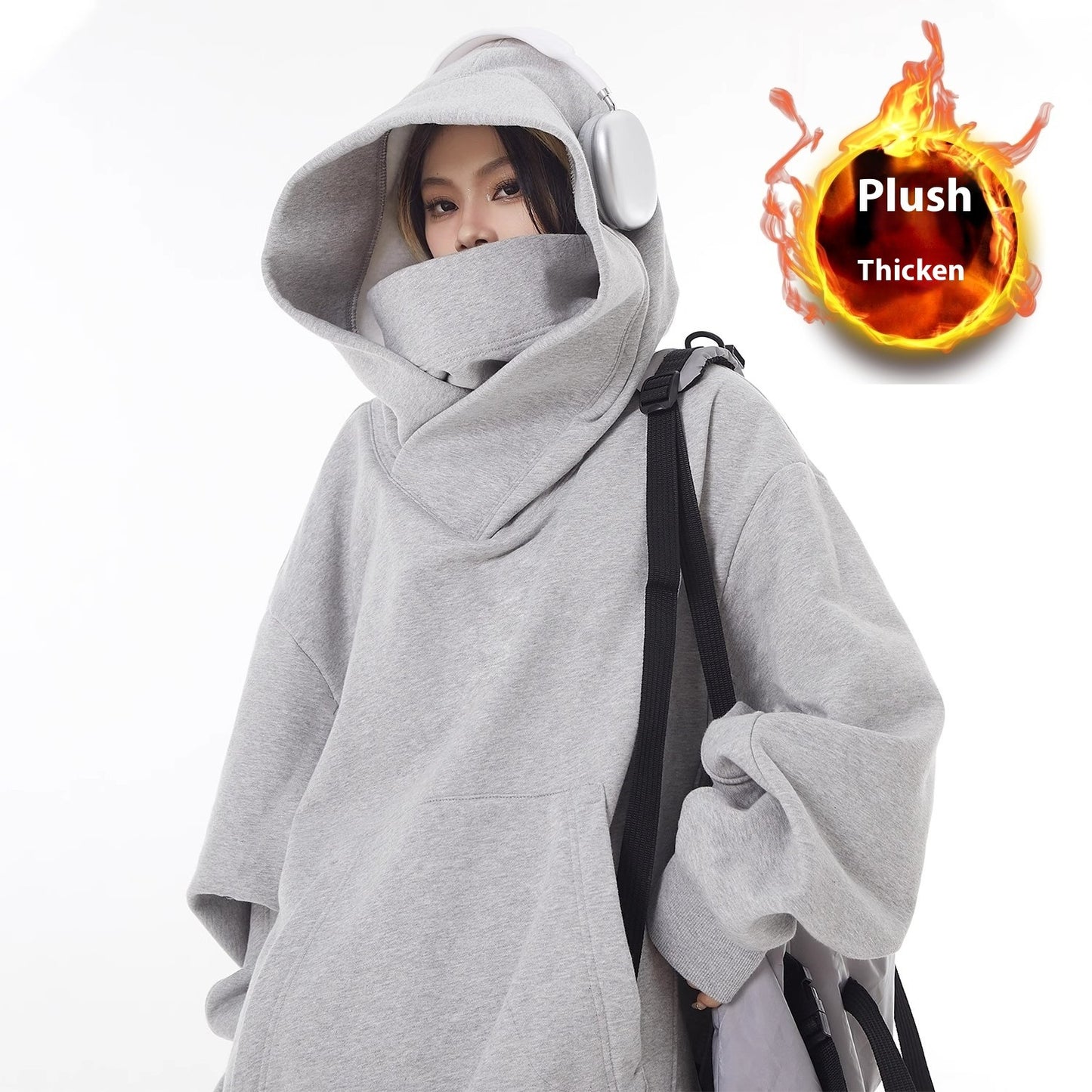 Fleece-Lined High Collar Hoodie – Warm Oversized Fit